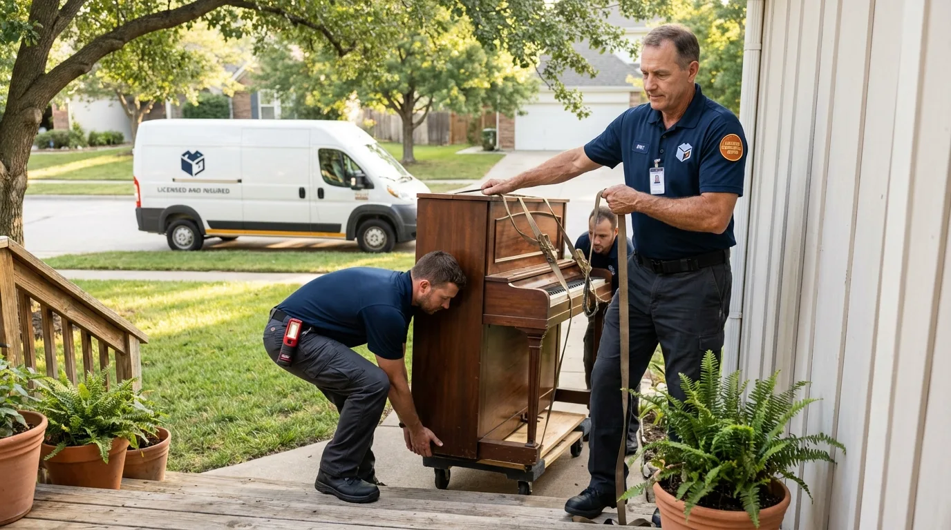 Licensed piano movers securing grand piano in Rosendale, WI