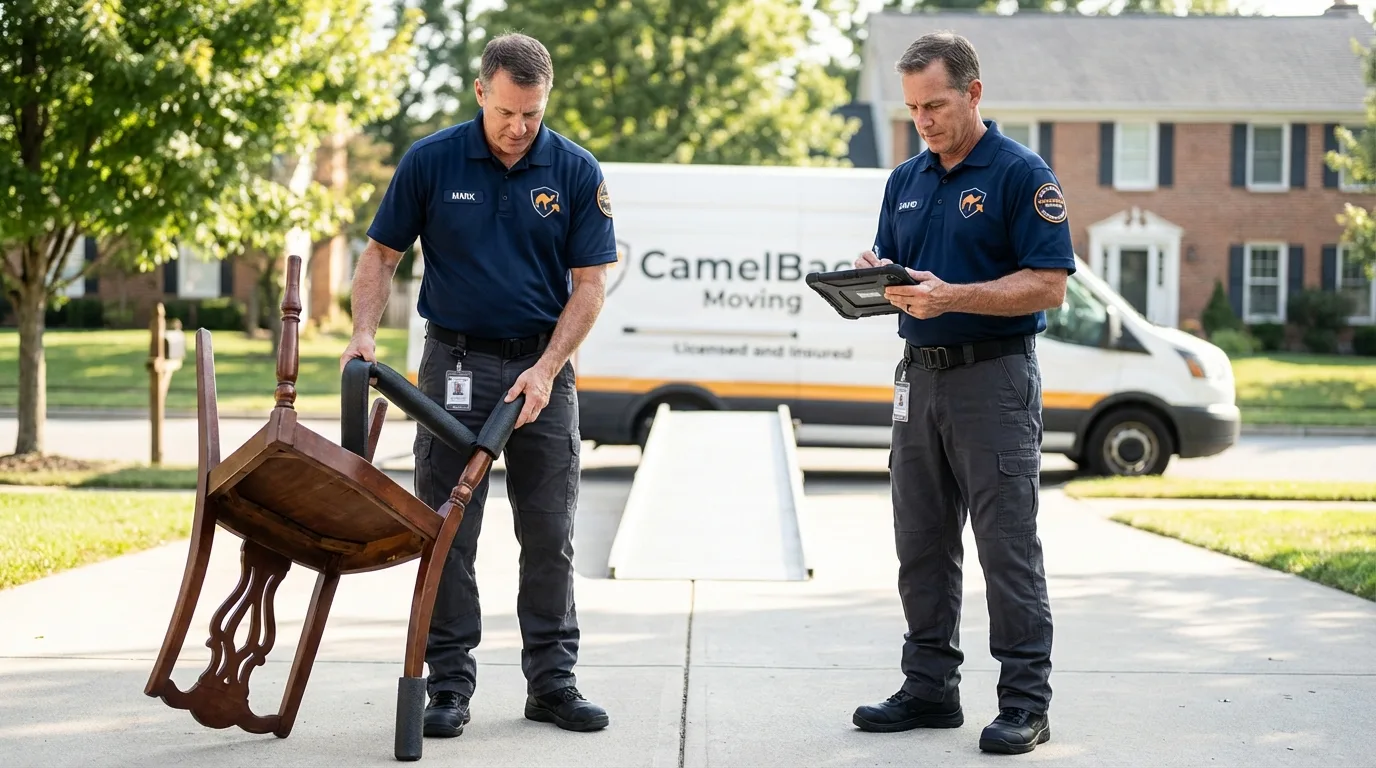 Movers inspecting furniture for damage prevention before loading in Rosendale, WI