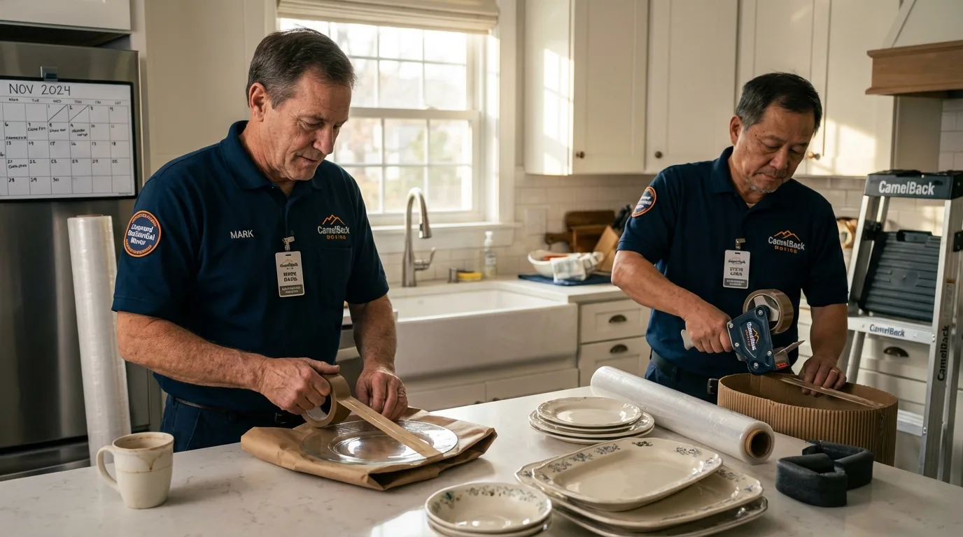 Professional crew packing kitchen dishware in Rosendale, WI